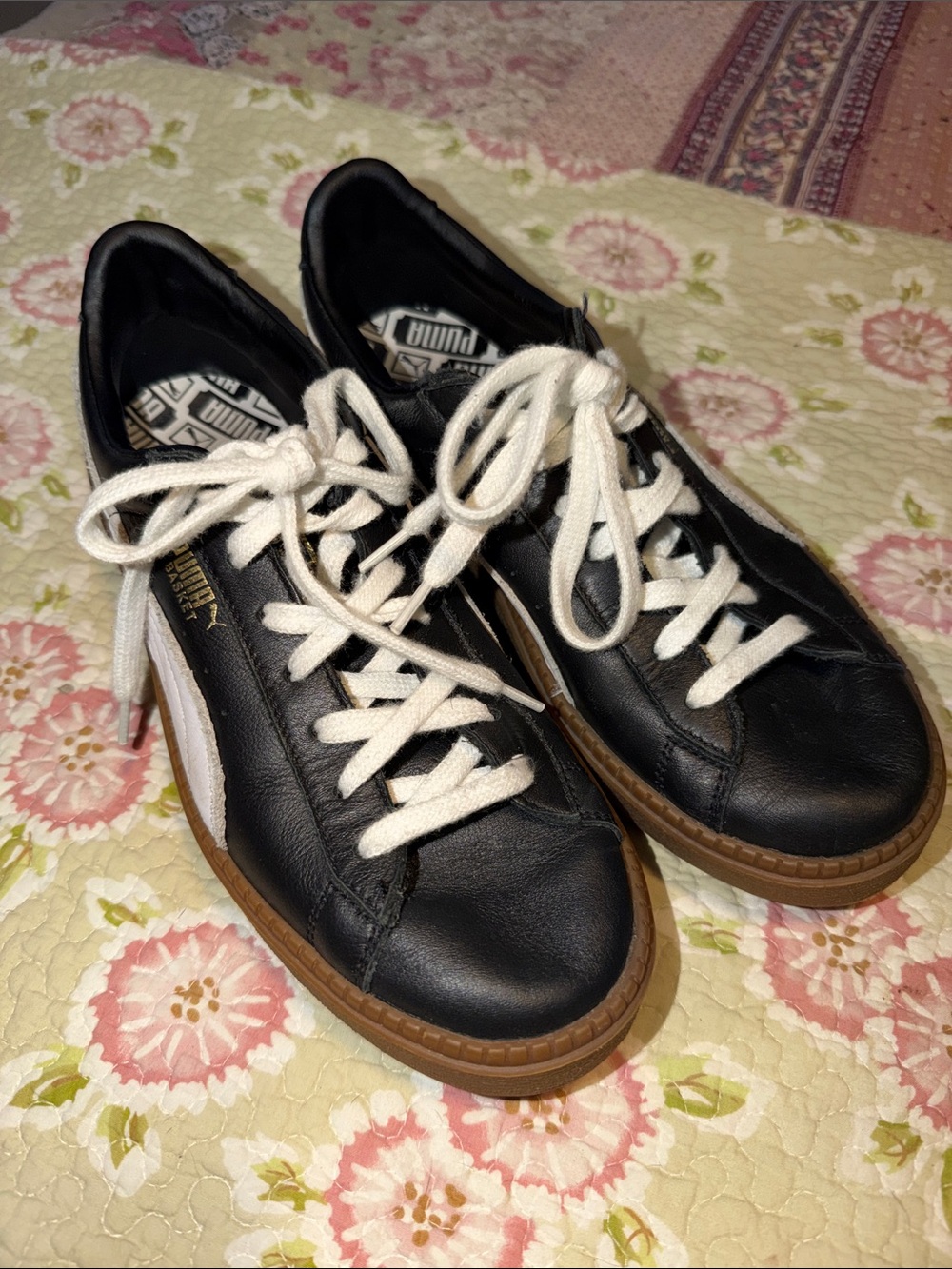 Puma Black Leather Sneakers with White Laces and Gum Sole